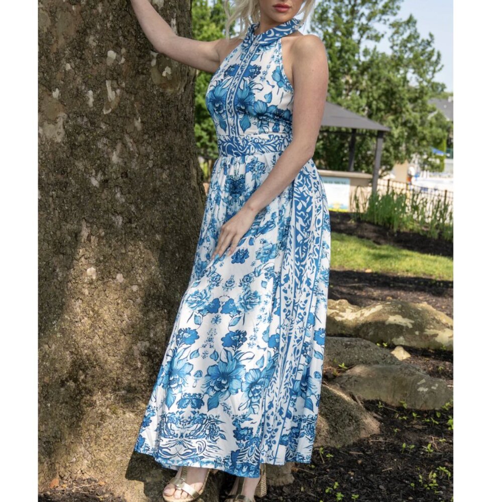 Blue and White Floral Maxi Dress